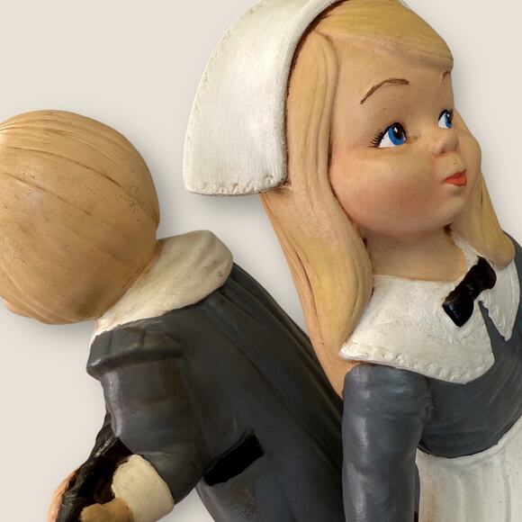 Vintage 70s Hand Painted 2 Piece Set Ceramic Figurines Pilgrims Thanksgiving 12" - Picture 7 of 11